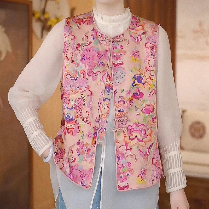 [捡漏款]重工盘扣数码提花缎面马甲女春秋新中式国风圆领上衣