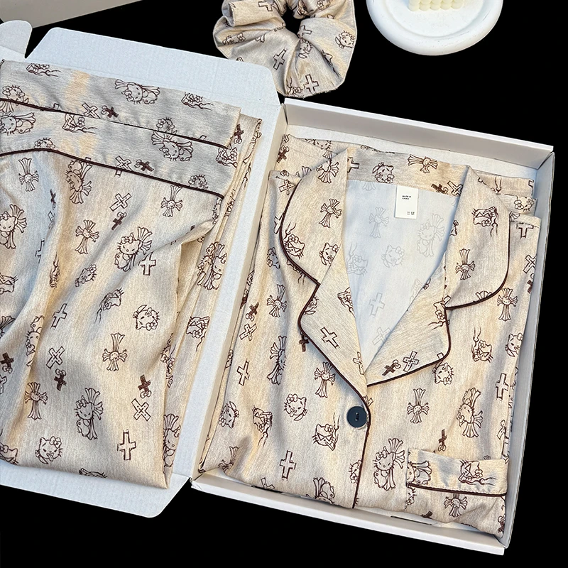 2025新邪恶KT猫睡衣女春夏秋季奶油冰丝缎面长袖家居服套装可外穿