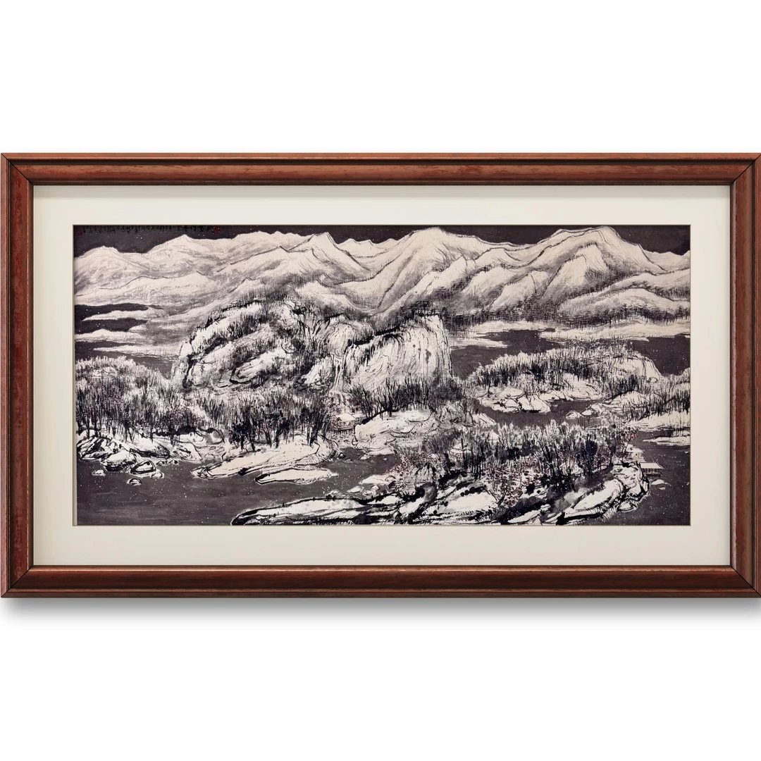 崔先生《飞雪伴春》雪景山水绘画作品 丝绢版 版画