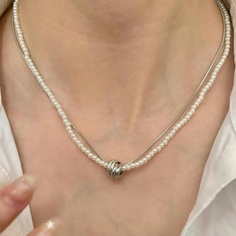 铜合金项链 X0017珍珠蛇骨链叠戴项链女