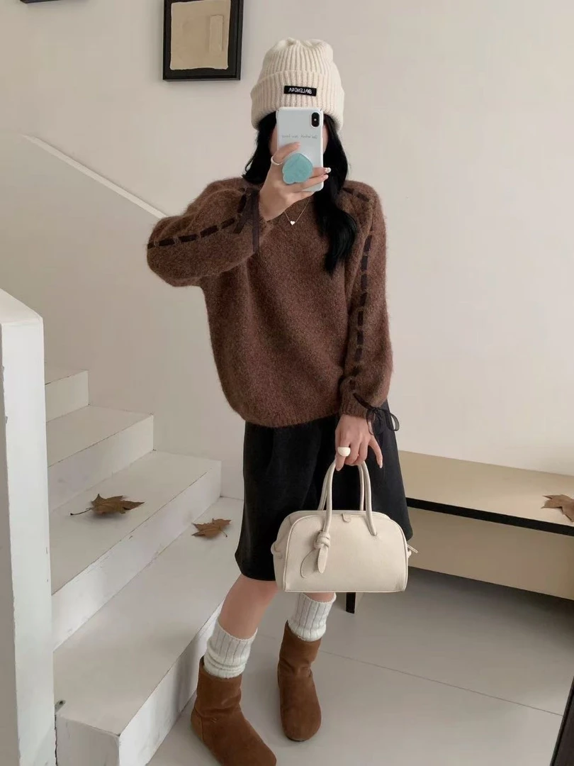 【QT】韩系灰色针织衫正肩毛衣女2025秋冬新款慵懒风上衣