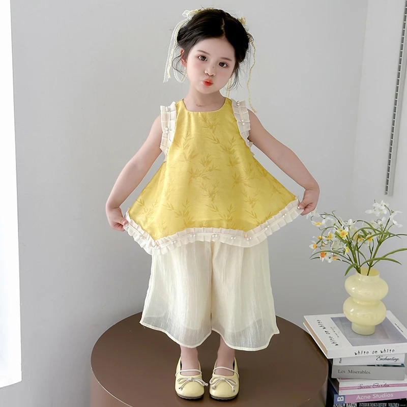 女童夏季套装2025新款洋气女宝宝国风珍珠花边娃娃衫阔腿裤两件套