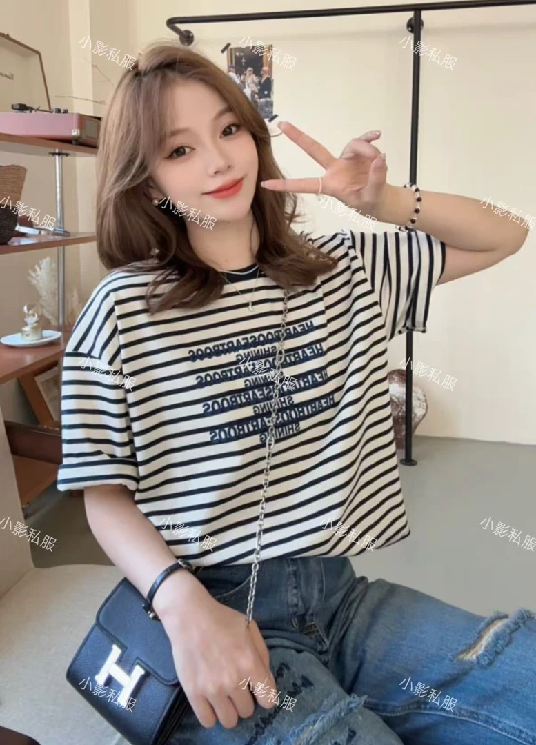 【条纹T】短袖条纹字母圆领T恤条纹t恤#3622