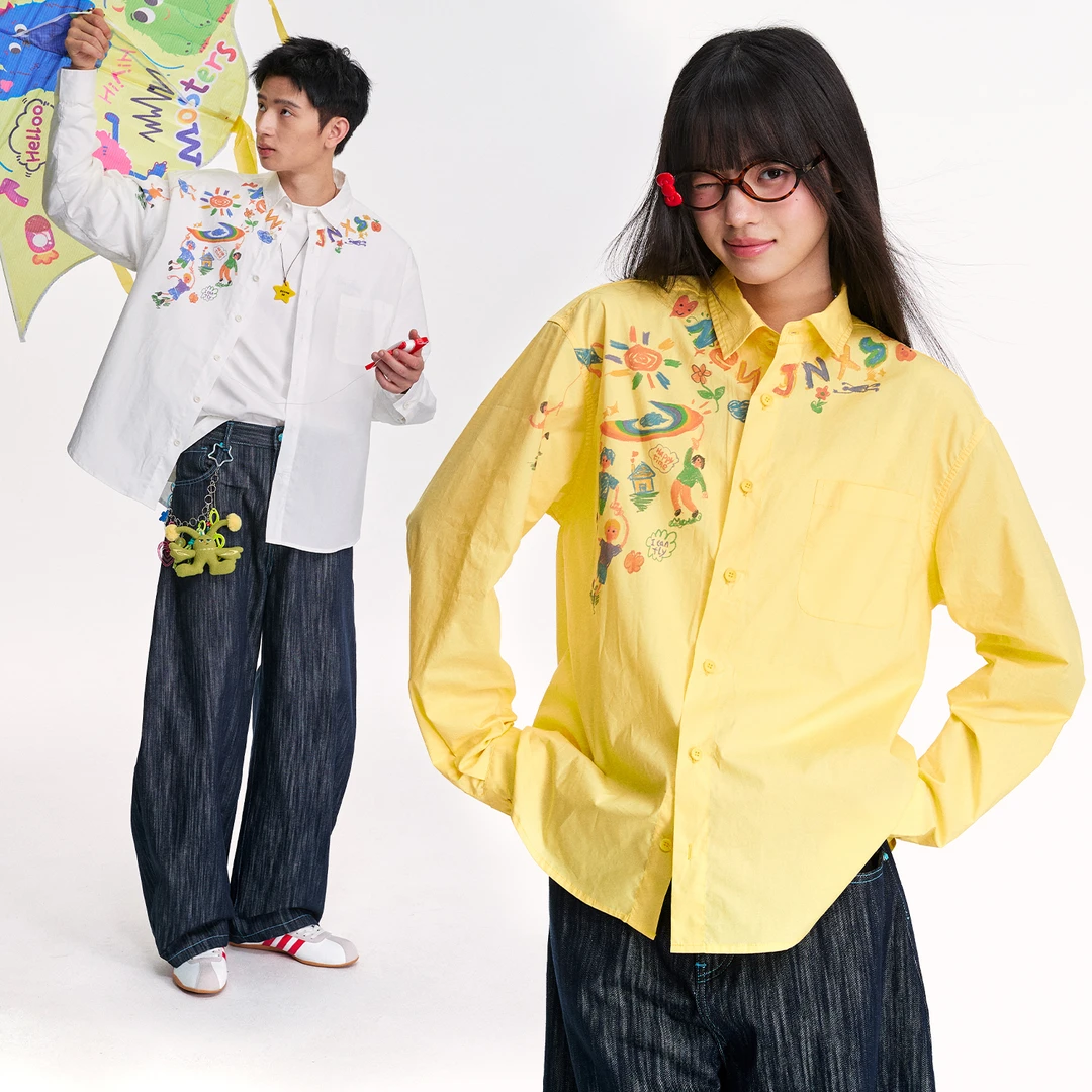 江南先生NewJNXS大小孩乐园原创手绘涂鸦印花衬衫宽松可调节袖口