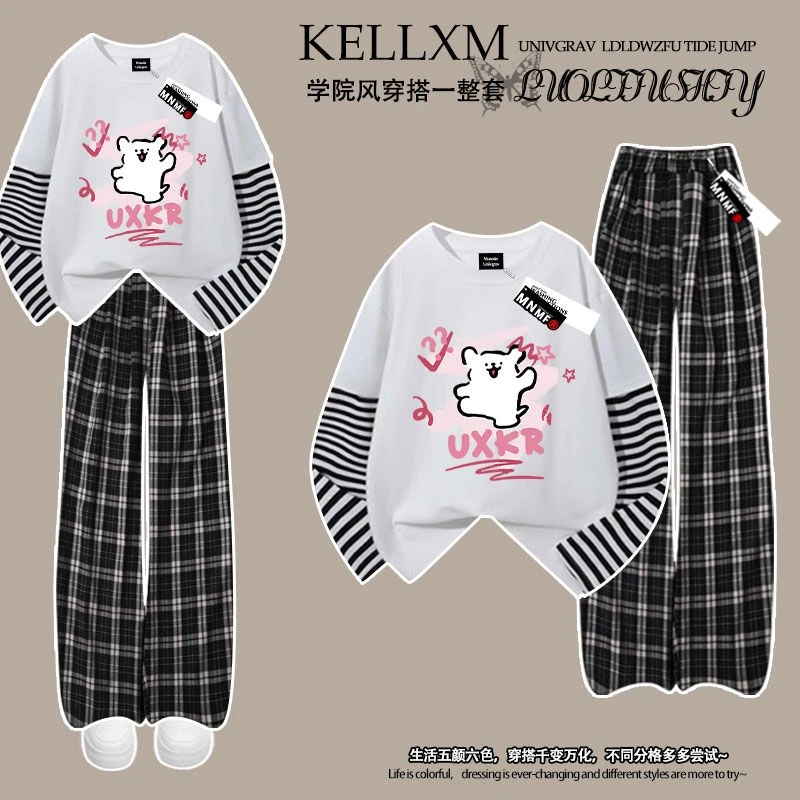洋气可爱印花拼接长袖t恤格子裤套装2025春秋新款女童宽松两件套