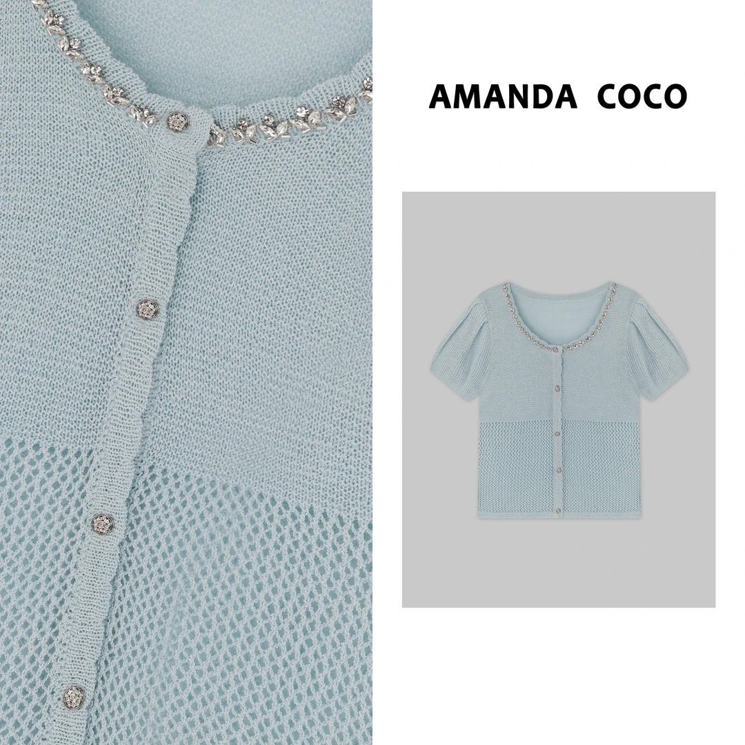AMANDACOCO 奈奈 | 梦幻花园～串钻气质镂空泡泡袖减龄短袖针织衫