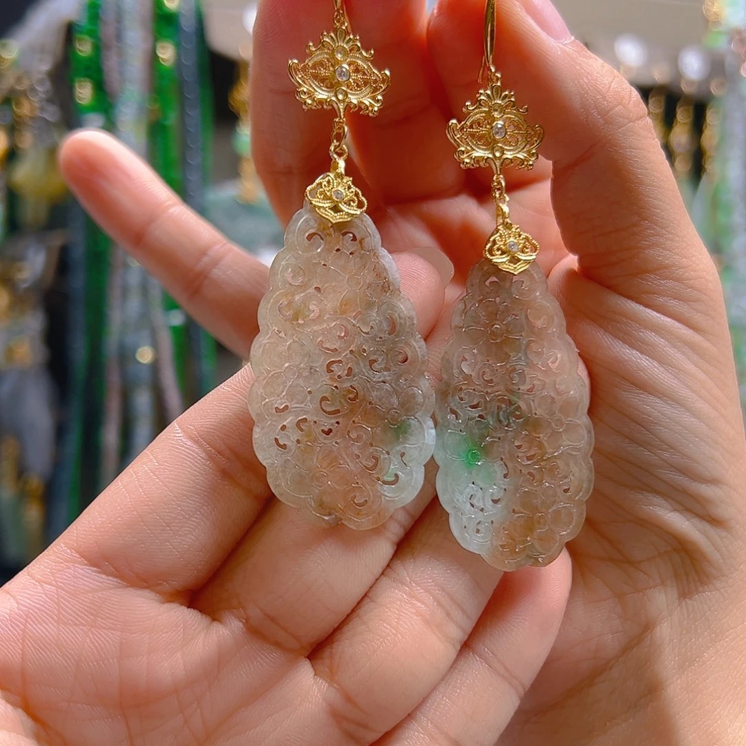 银S925镀金镶嵌翡翠耳饰雨*薇