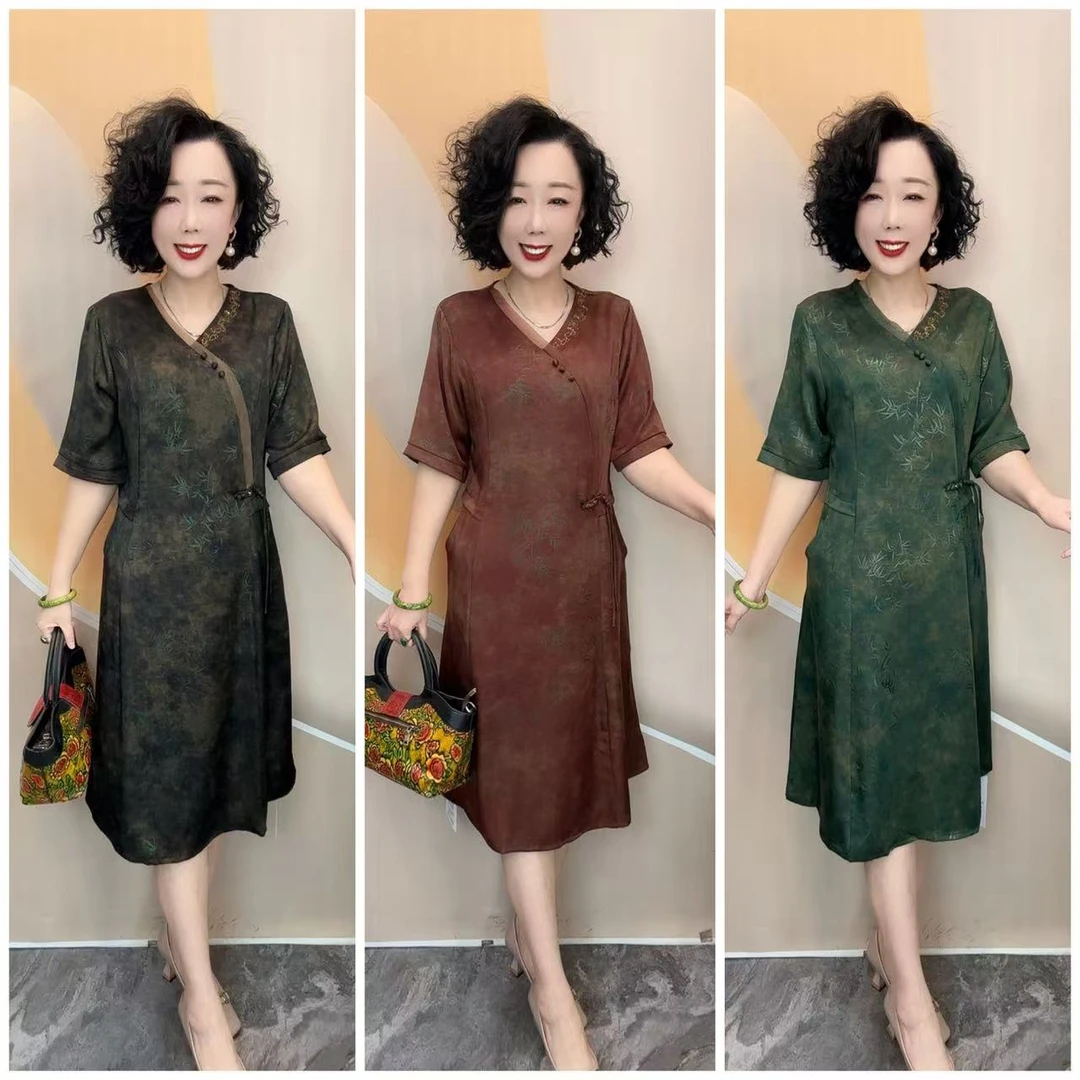 989夏新款富贵竹偏襟口袋版中老年宽松大码长连衣裙，裙长107