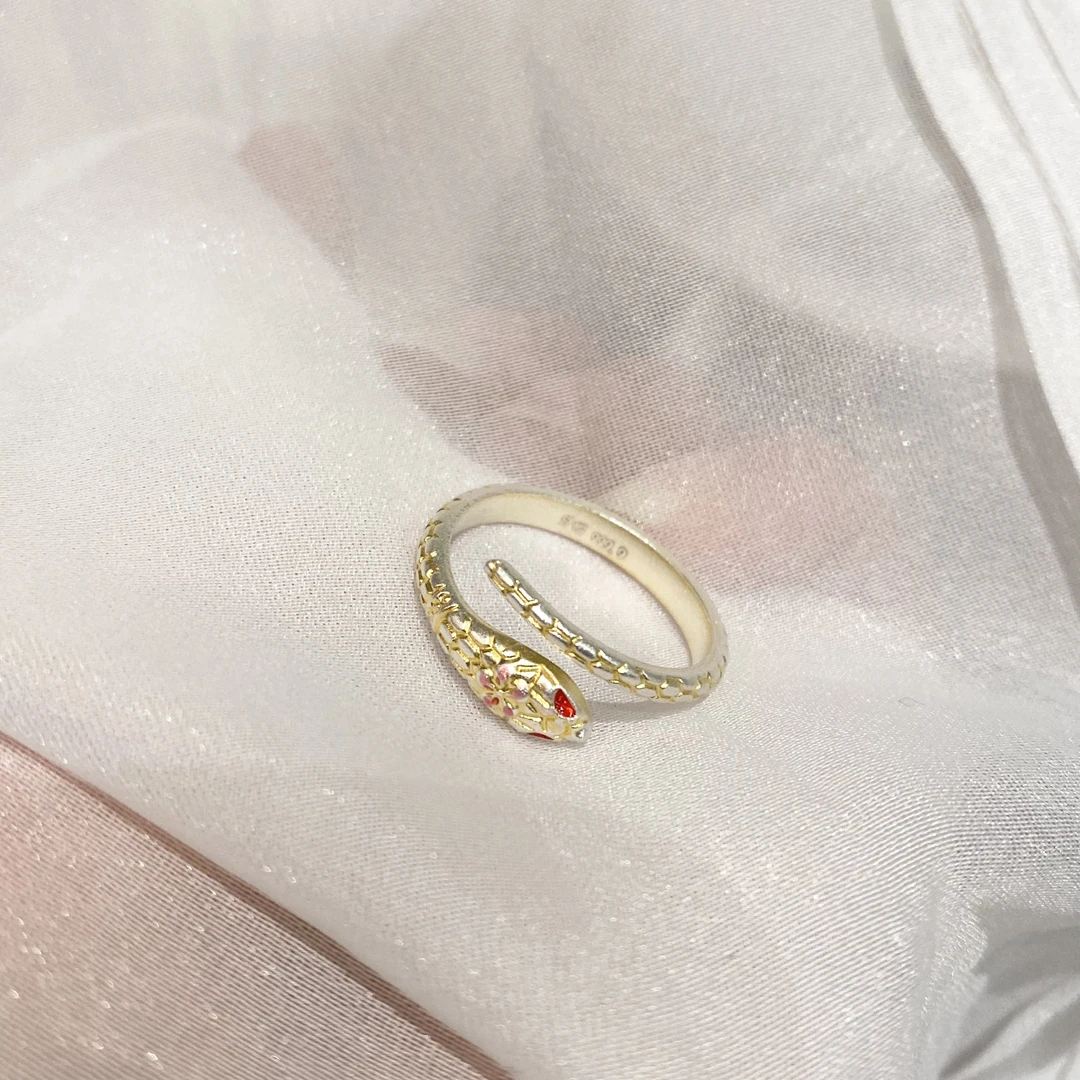 足银戒指 梅花描金小蛇开口戒指足银999.9气质小众复古百搭金色