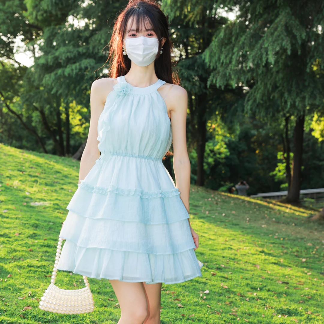 花崎鹿原创青栀幽梦连衣裙气质甜美公主短裙设计感夏季挂脖小个子