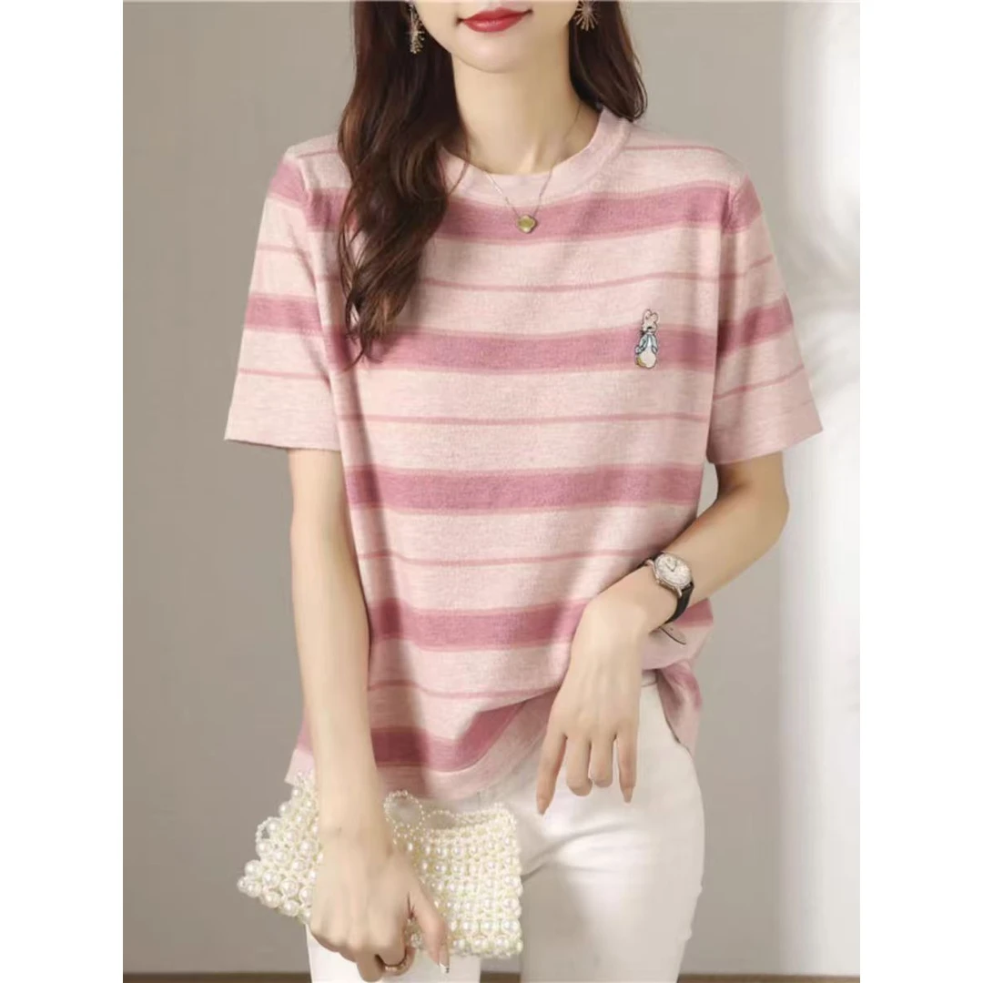 216款圆领粉条纹 天丝短袖（剪标款）