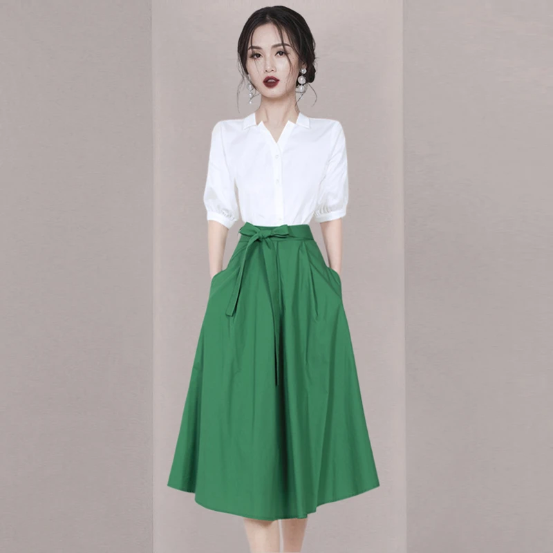 欧美小香风高级感职业短袖名媛气质衬衫半身裙两件套装女夏季新款