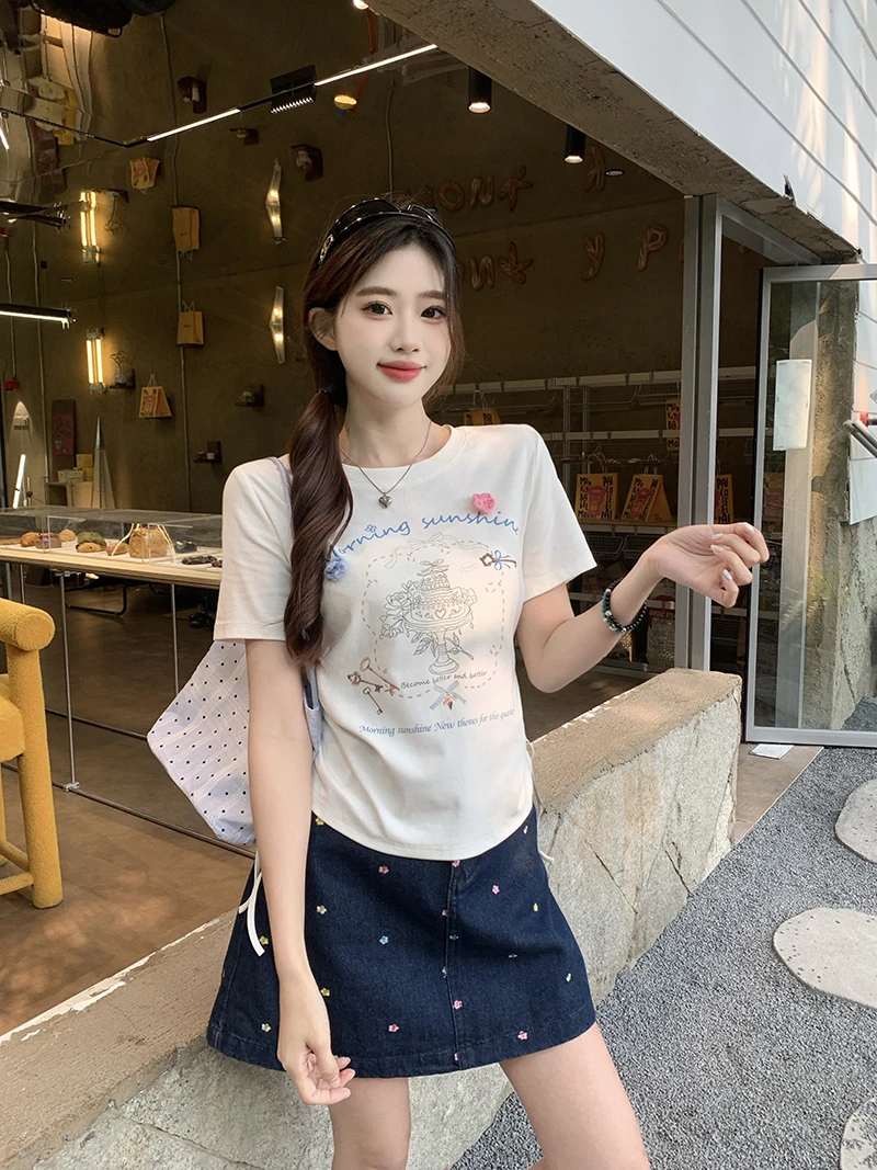 胖mm韩版卡通印花抽绳短袖牛仔半身裙套装A1342上衣+30677短裙