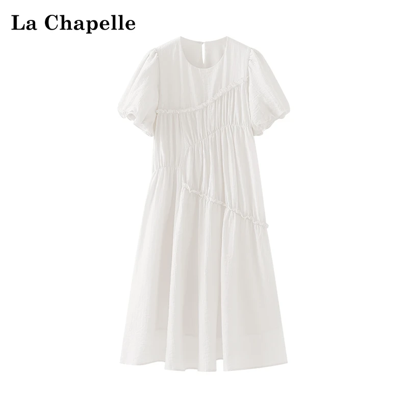 拉夏贝尔圆领拼接木耳边短袖连衣裙女设计感气质长裙时尚百搭时髦