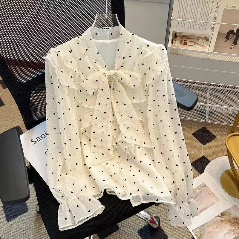 法式波点雪纺上衣女春蝴蝶结小衫气质名媛甜美荷叶边泡泡长袖衬衫