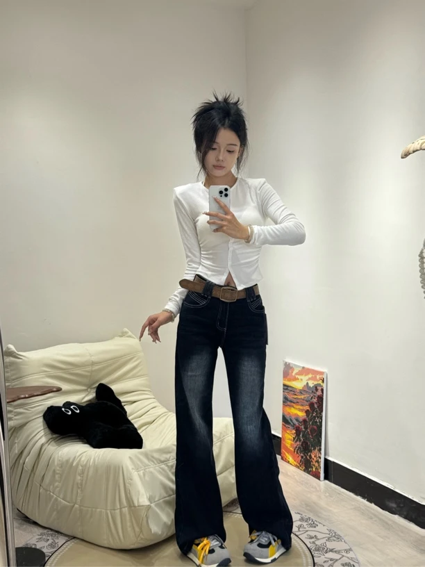 常规款圆领长袖女拼接V领常规T恤牛仔休闲夏季套装