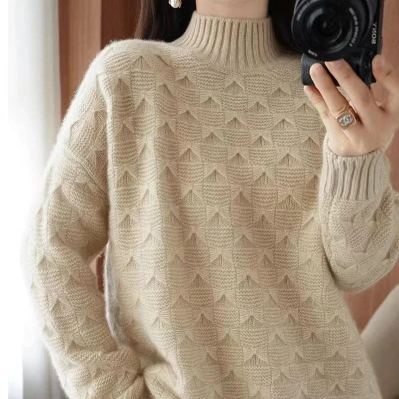 重磅100羊绒！秋冬新款加厚纯羊绒高级感洋派绞花针织打底衫女--MD