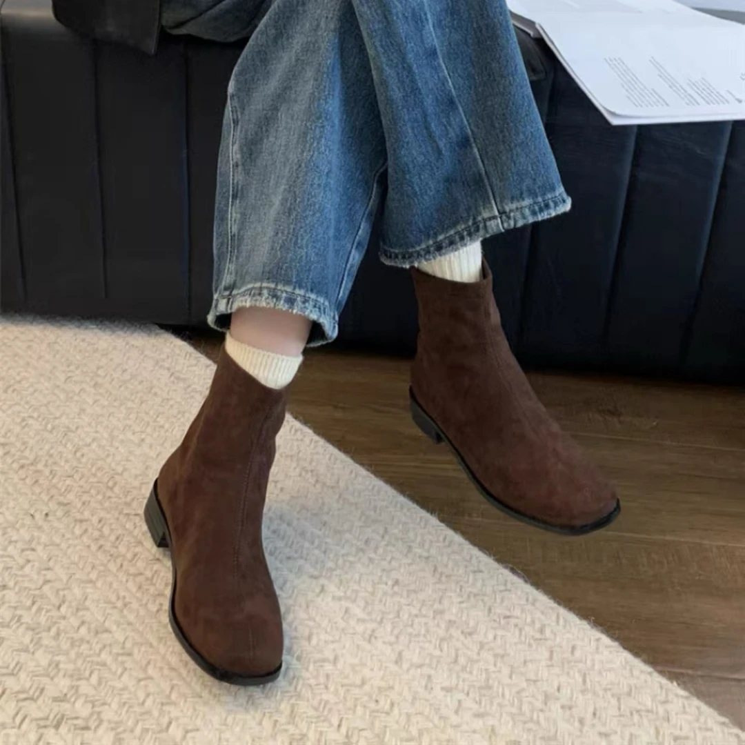 平底韩系瘦瘦靴女2025年秋冬新款方头弹力裸靴绒面马丁靴软底短靴