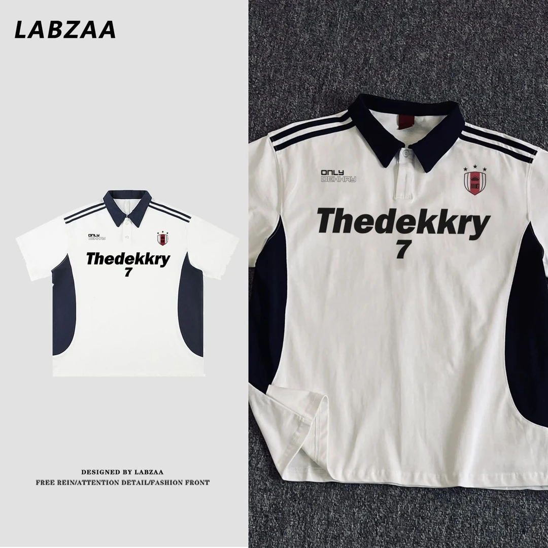 labzaa美式设计感盾标字母印花纯棉Polo衫短袖男女夏休闲翻领上衣