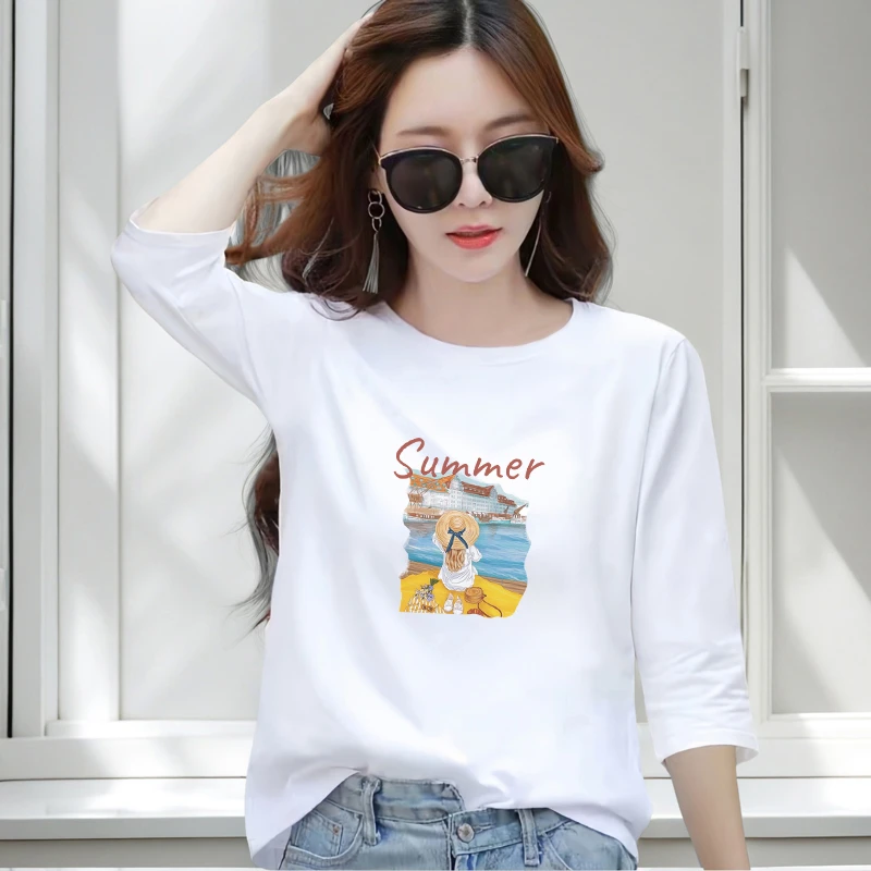 纯棉显瘦宽松七分袖T恤女上衣中袖大码t恤女款小个子遮肉打底衫