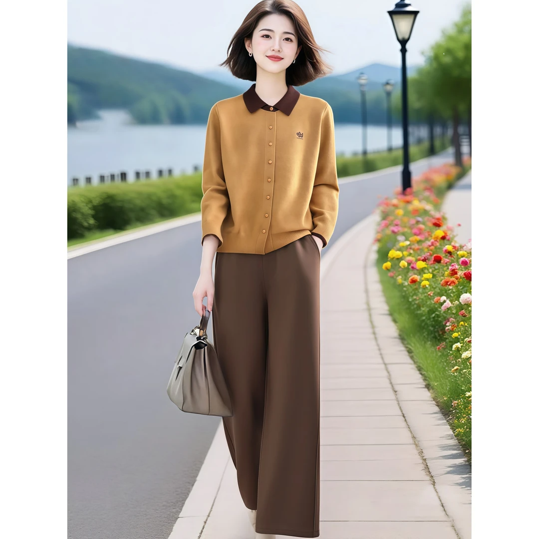 HH#【单/套装】秋季洋气时尚翻领针织衫搭直筒裤两件套装DY14913