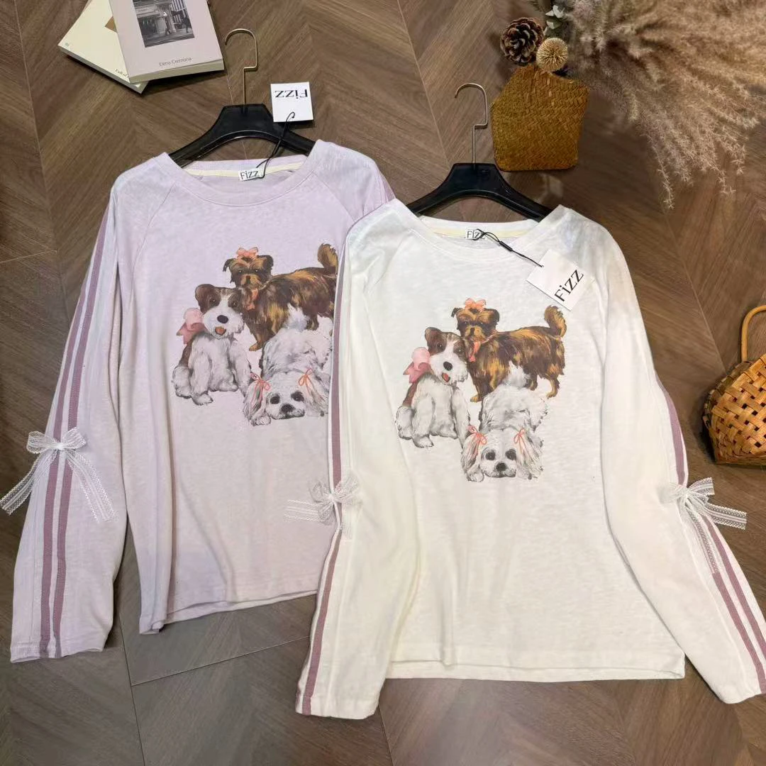 【蝴蝶结狗狗】秋韩国东大门蝴蝶结条纹小狗印花长袖T恤宽松圆领