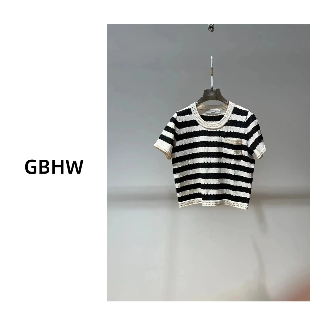 80395 美式条纹正肩镂空短袖T 4