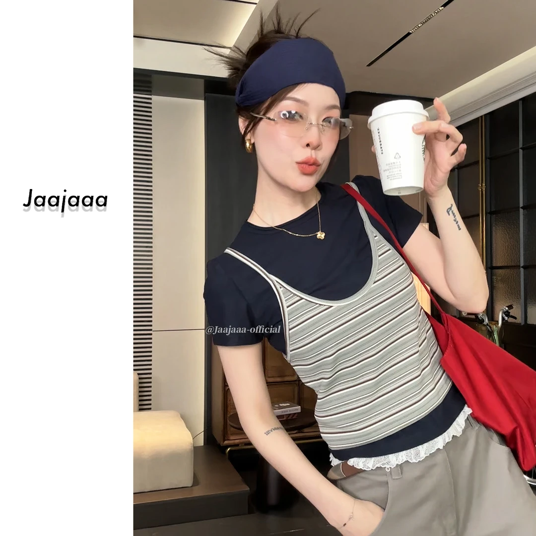 Jaajaaa松露手帖  小众撞色条纹蕾丝花边背心T恤两件套GFIG