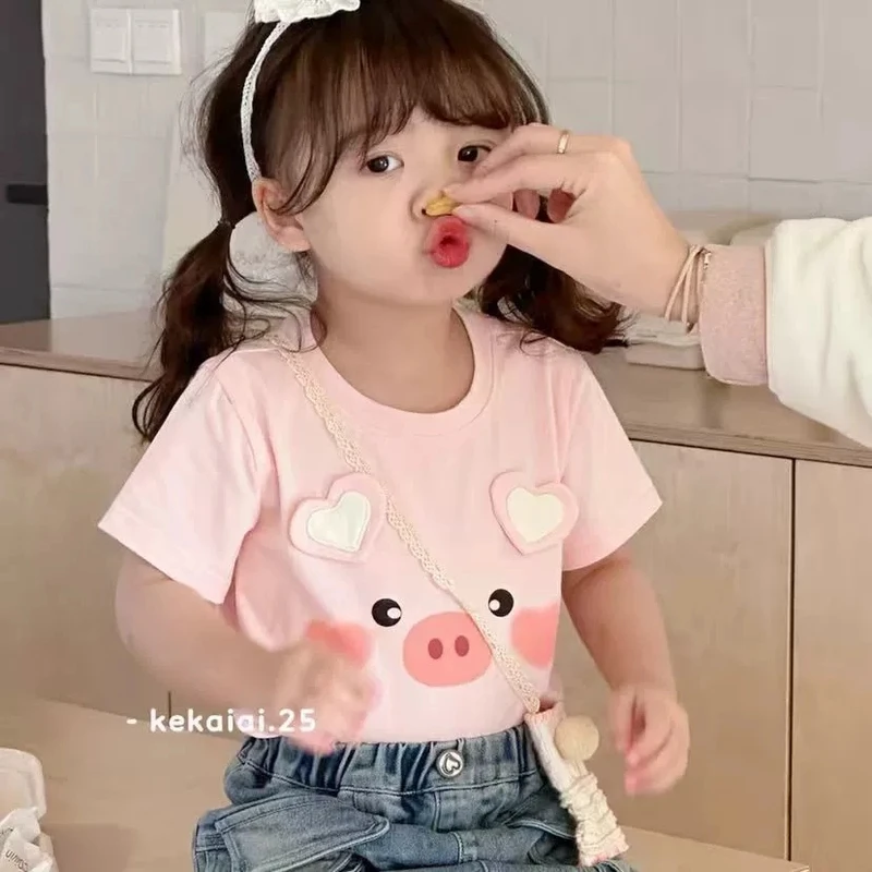 女童卡通可爱立体粉色小猪短袖夏季百搭T恤