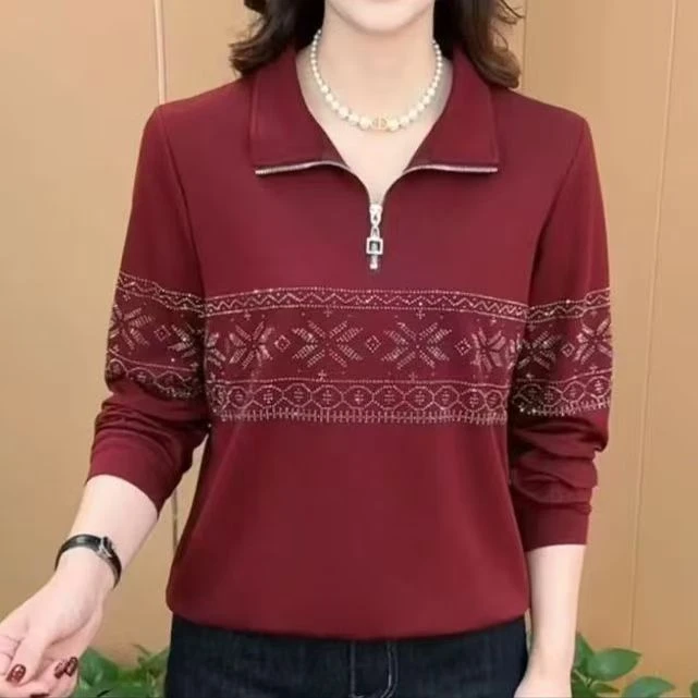 秋新款拉链领长袖烫钻减龄宽松大码打底气质上衣中老年妈妈9158#