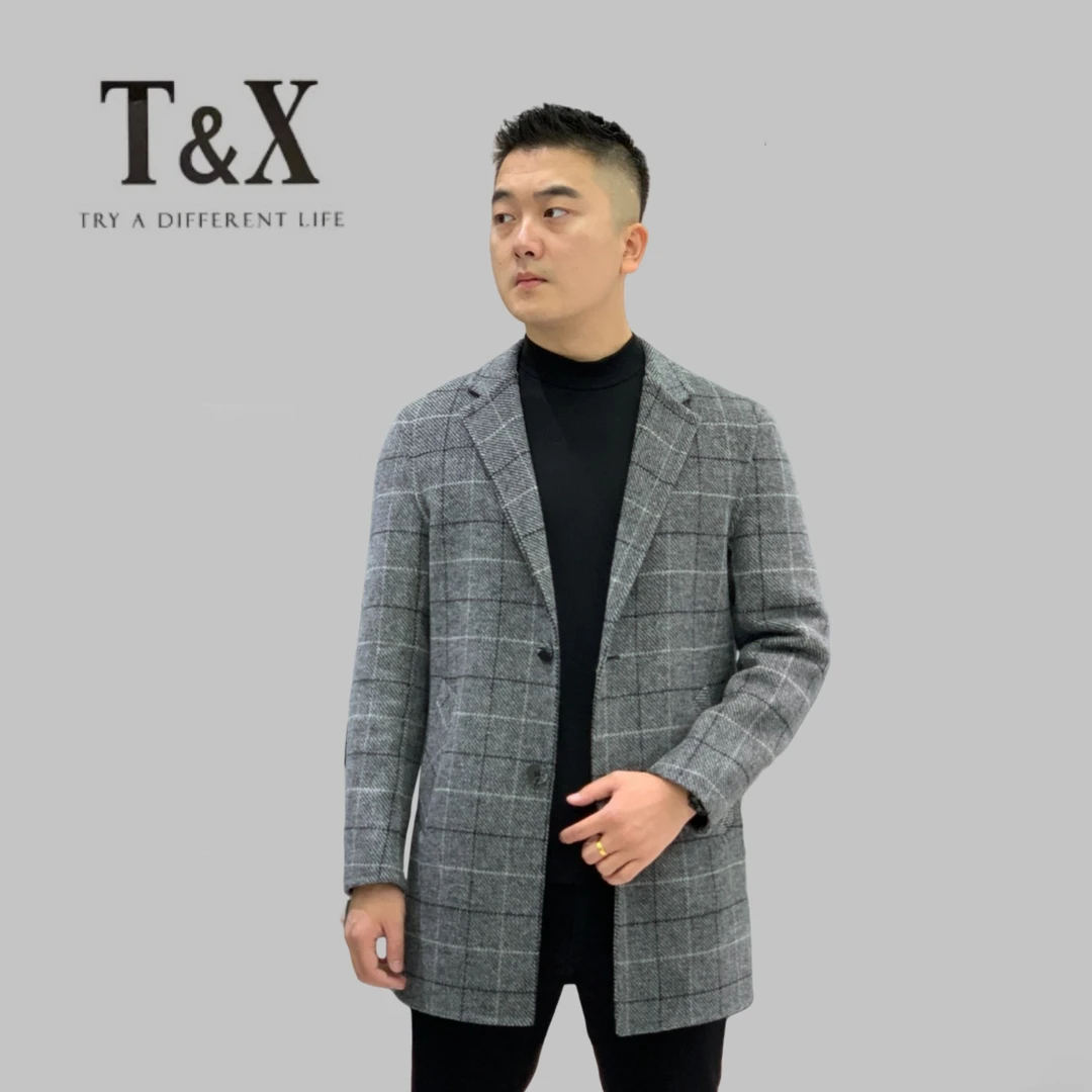 T&X/梯形2025男士秋冬款时尚休闲气质中长款格子风衣外套（0036）