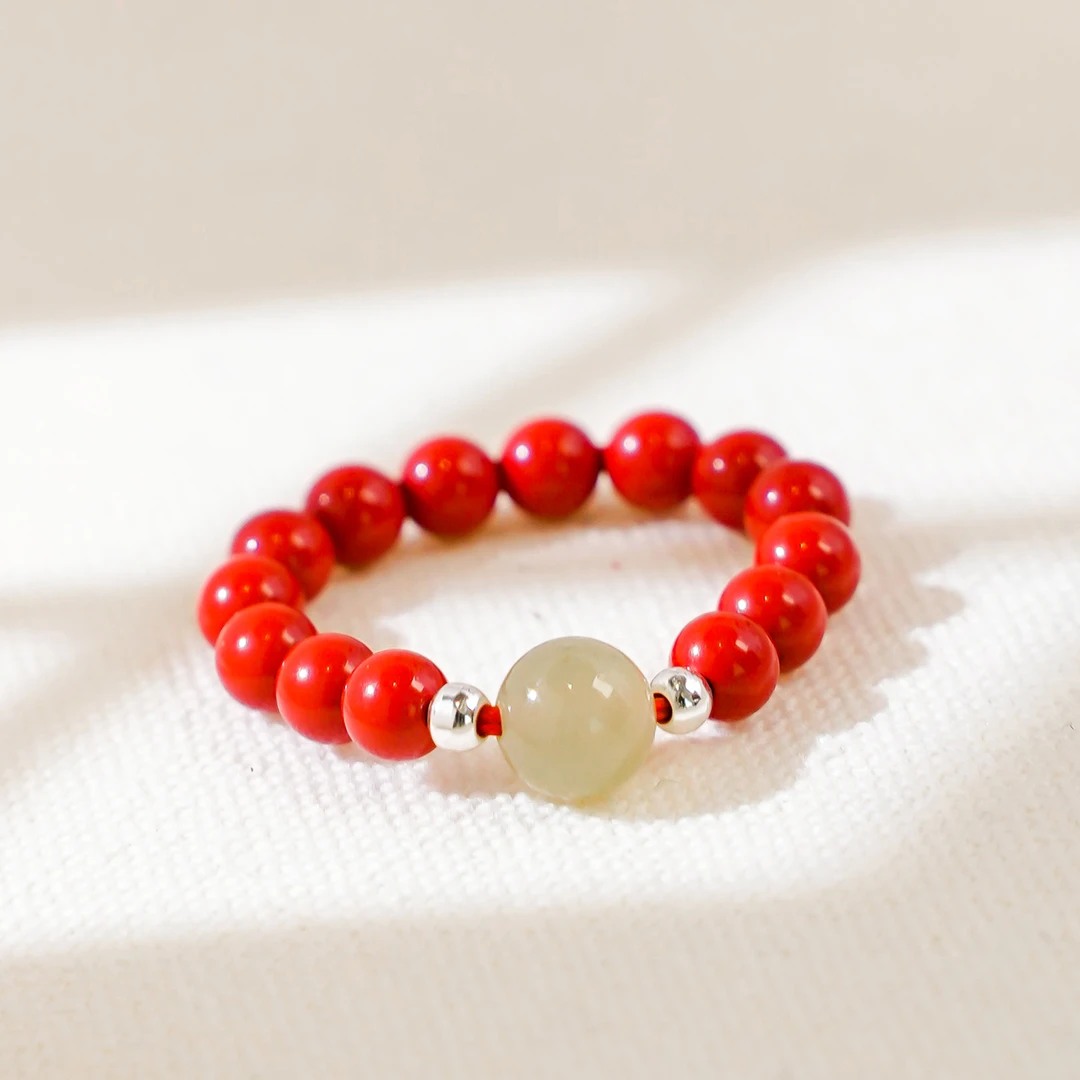 含辰砂工艺品水飞红砂高含量朱砂戒指4mm圆珠戒圈【山予雅集】