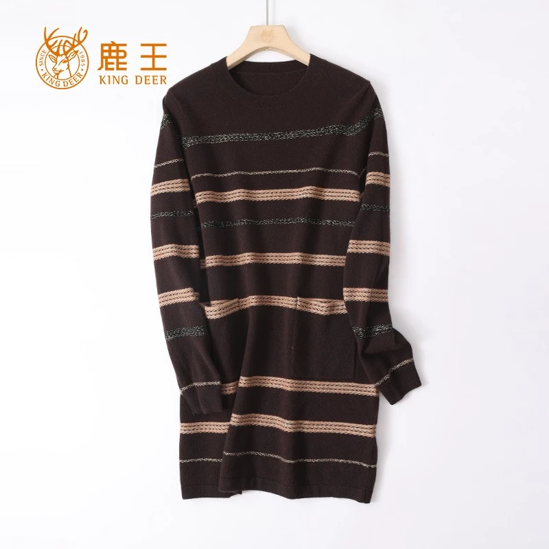 编码2024122鹿王24秋冬新款女圆领100山羊绒休闲条纹中长针织套衫