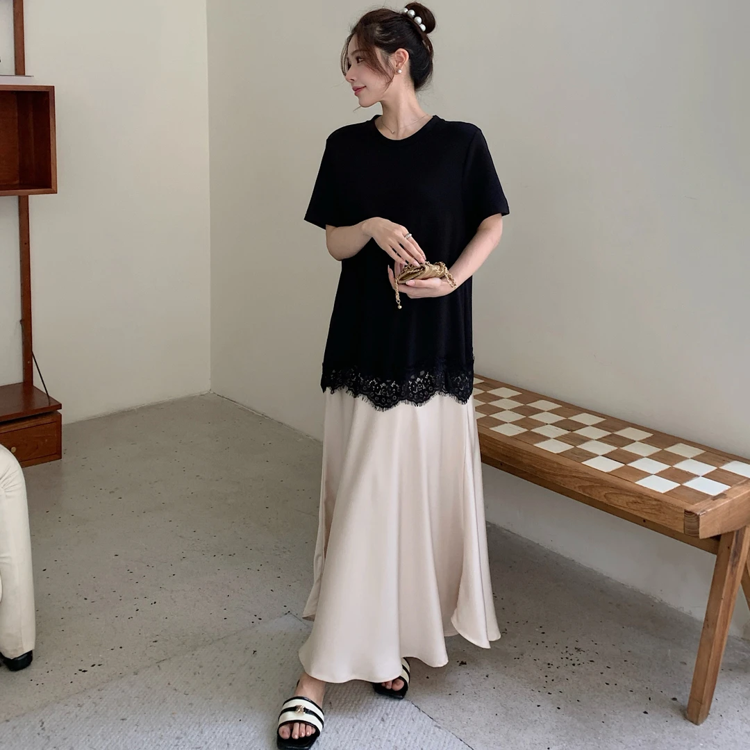 2025夏新款/假两件拼接醋酸蕾丝连衣裙女气质长款裙子