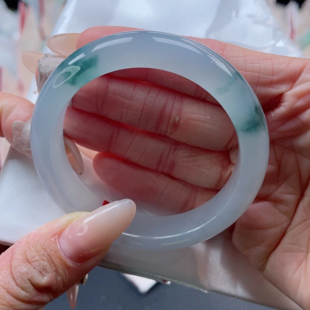 未镶嵌手镯翡翠53.2圈 双耳挂翠 冰胶蓝带荧光 32号