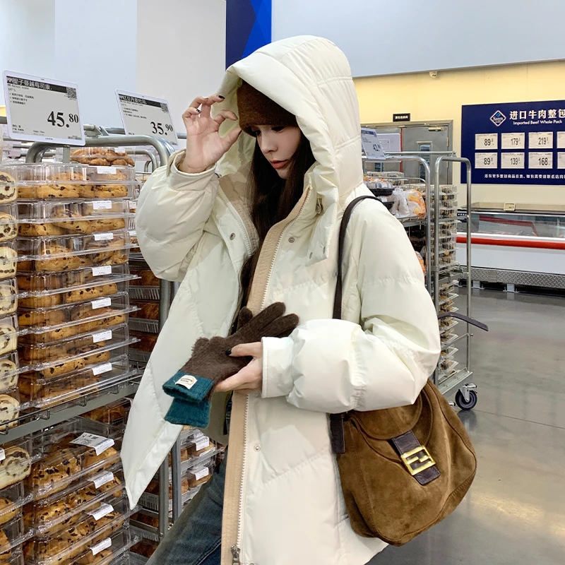 连帽白色短款羽绒服女冬季新款加厚保暖学院风90白鸭绒面包服外套
