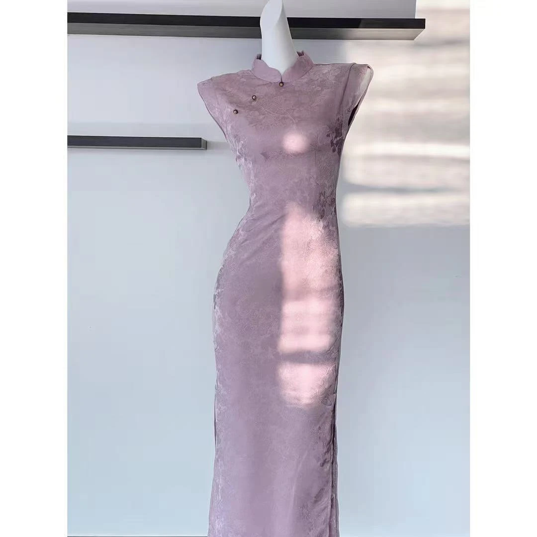 【梨云梦】 日常新中式低开衩中长裙立领旗袍少女紫色中国风复古