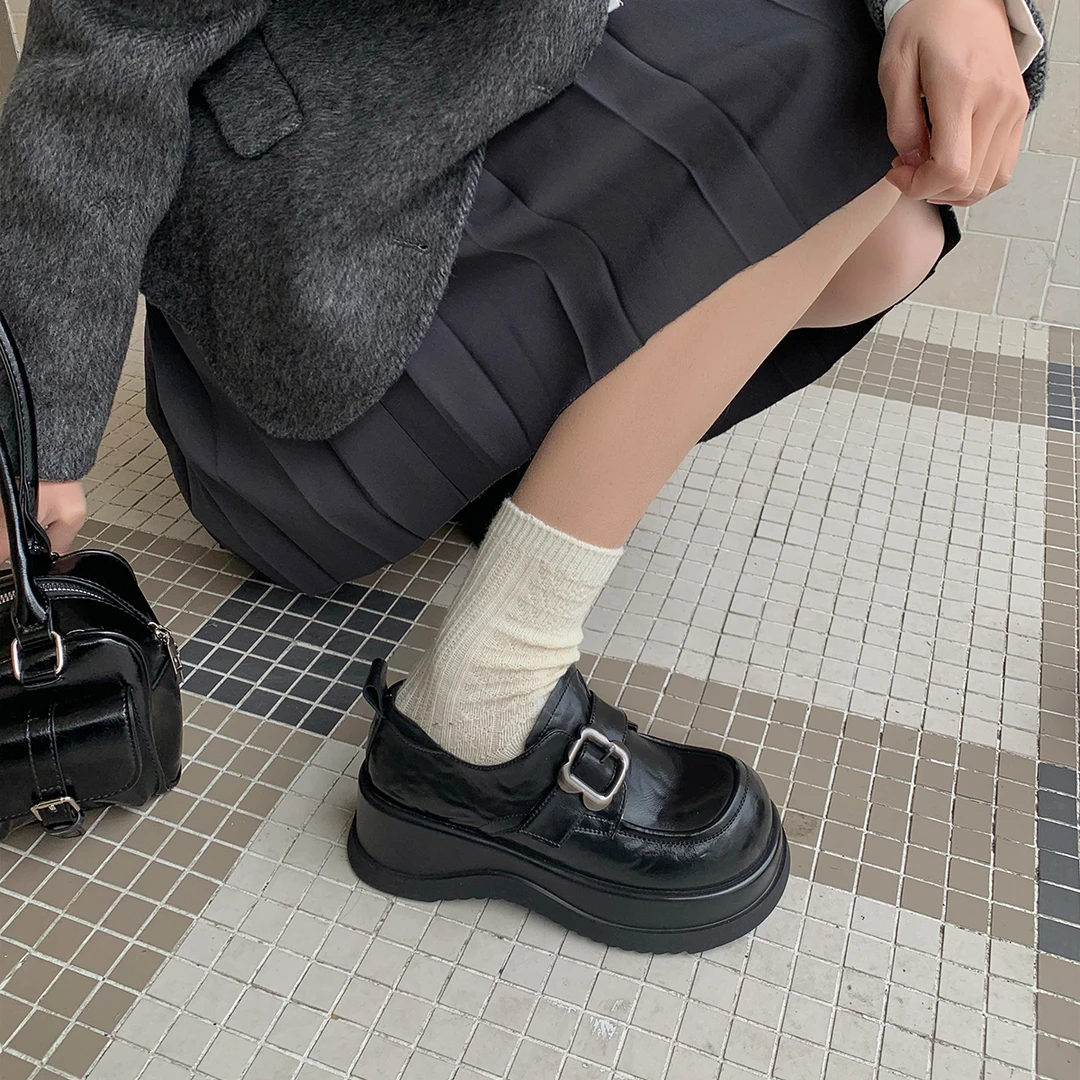 伯爵猫厚底乐福鞋女2025春季英伦风小皮鞋百搭增高魔术贴单鞋