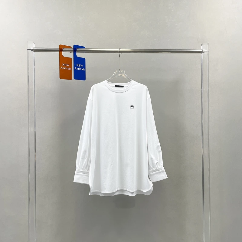 DM欧洲站春季新款笑脸刺绣拼接衬衫袖设计感T恤中长款打底衫99169