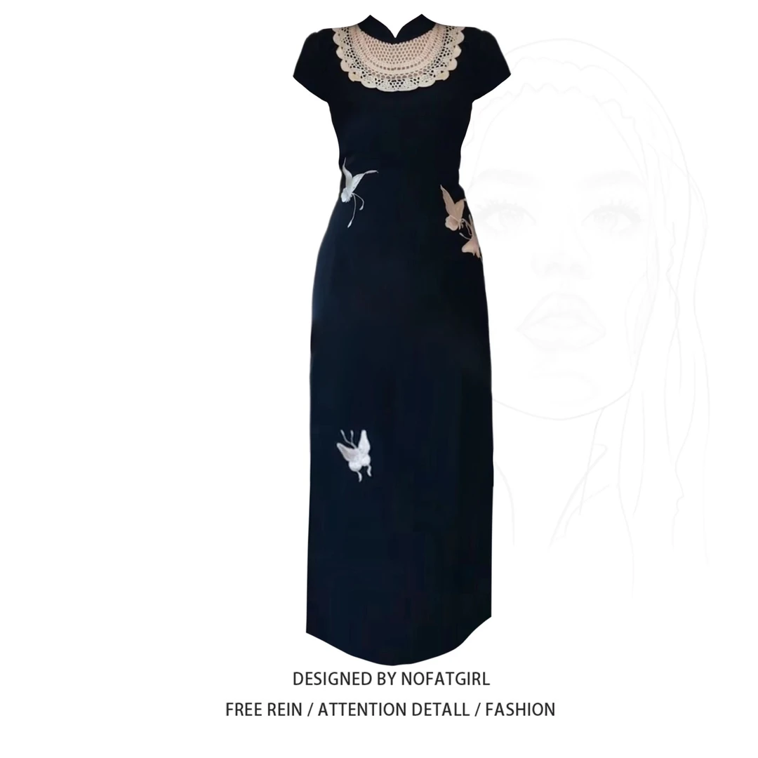 大码胖妹妹新中式复古改良蝴蝶刺绣短袖旗袍女夏季收腰显瘦连衣裙