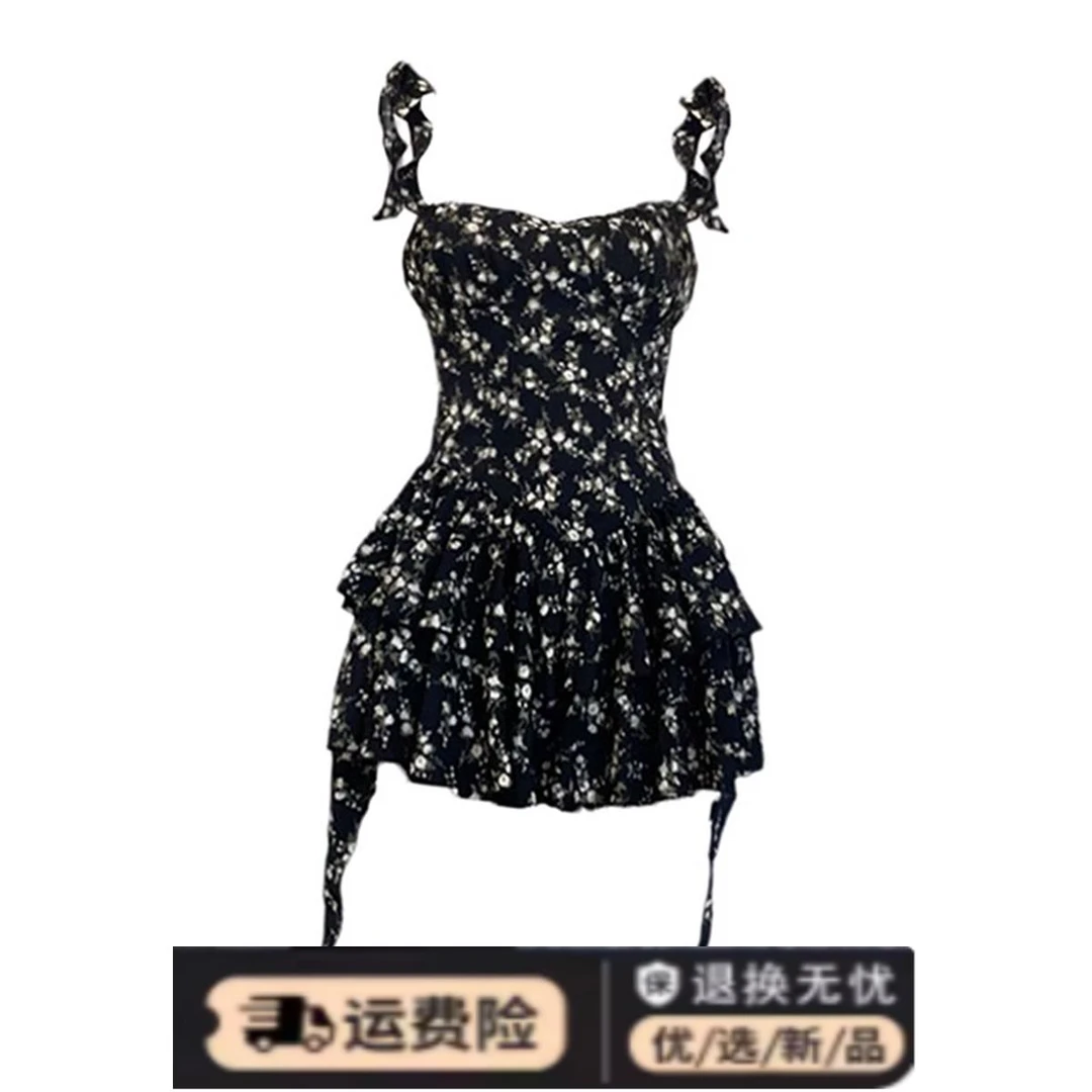 现货法式黑色设计感碎花吊带裙夏季纯欲小众茶歇裙收腰显瘦连衣裙