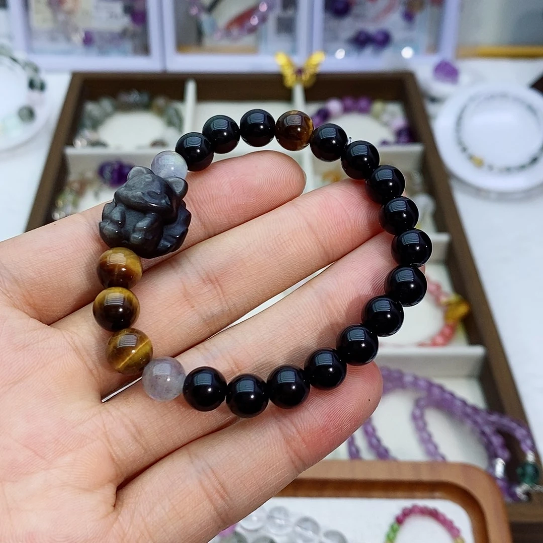 水晶手链银S925镶嵌黑曜石