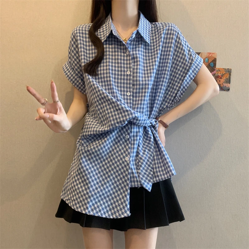 实拍夏季新款韩版烫钻个性绑带格子衬衣女大码不规则百搭休闲衬衫