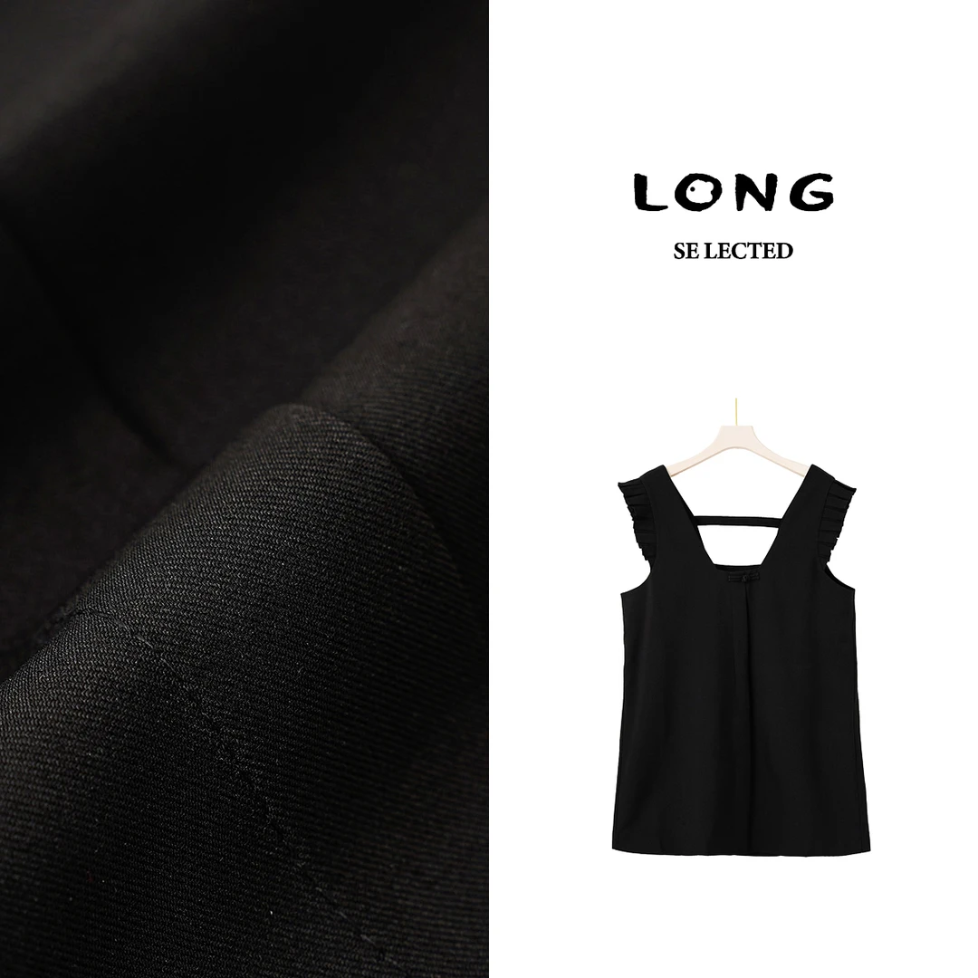 Q3572【特价-占单者限购】黑色木耳边无袖背心连衣裙小个子2402092