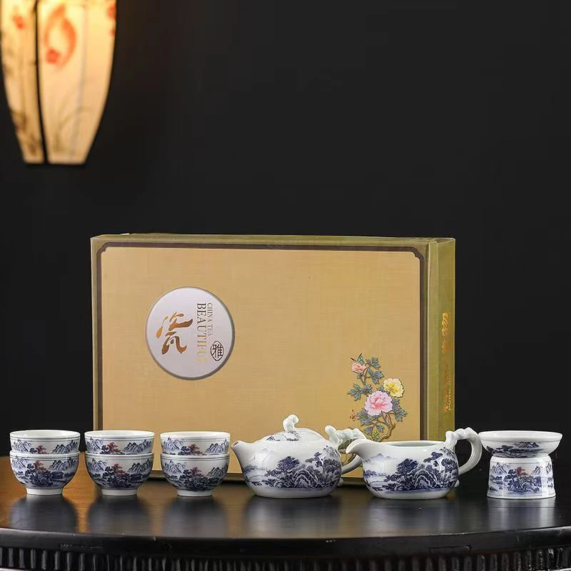 复古中式青花茶具套装釉下彩水墨山水功夫茶具古典陶瓷茶壶