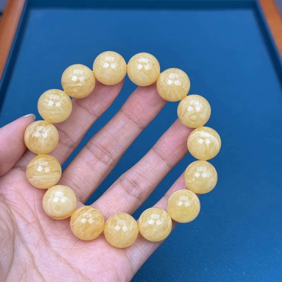 Y3018天然原矿蜜蜡 鸡油黄手串 14mm抖音基地质检发货