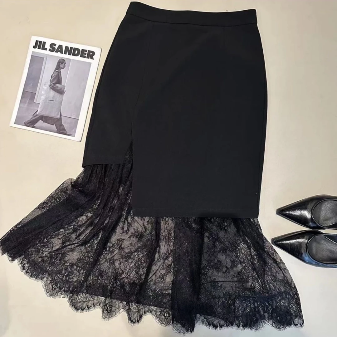 【歌莱图】2025夏季新款蕾丝拼接高腰气质长裙#6617