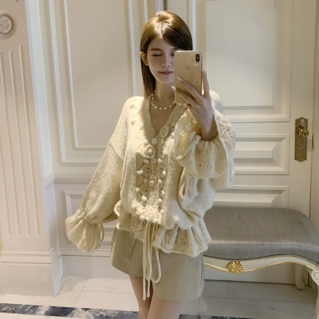 FAY【绵绵冰】宽松V领毛针织秋季法式慵懒松弛甜美减龄手工勾花罩衫