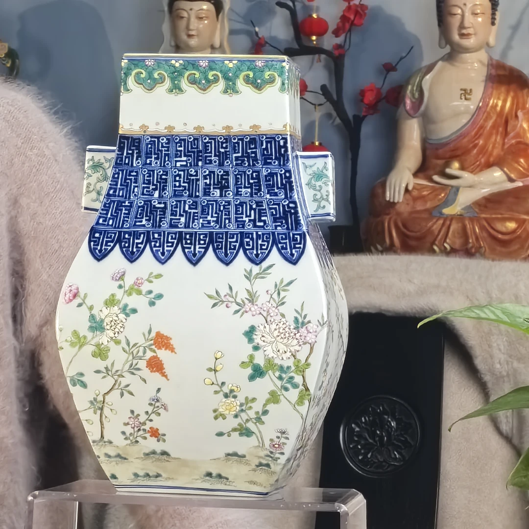 清 青花粉彩花卉双贯耳尊