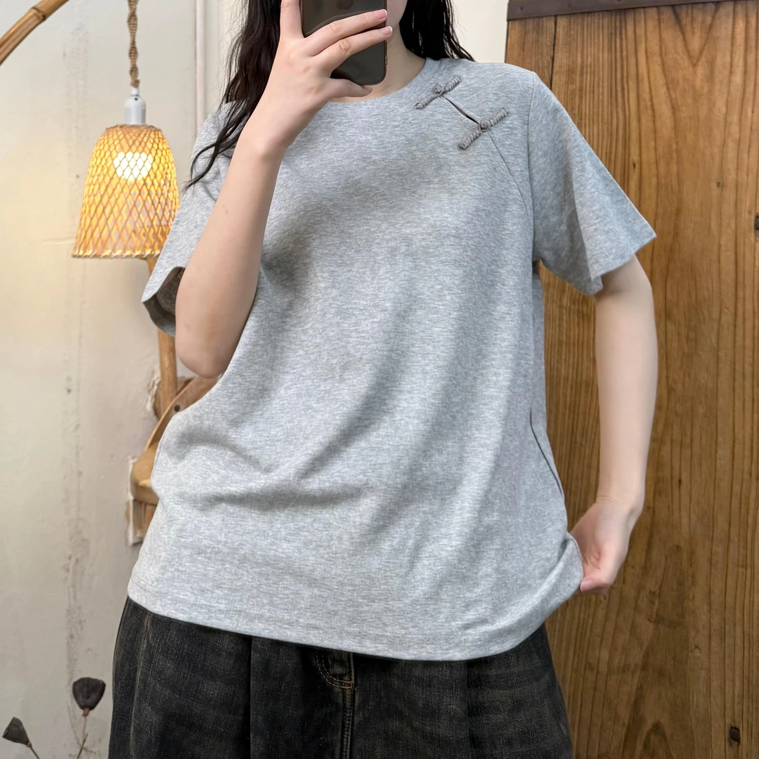 春季新款休闲百搭新中式国风斜襟盘扣针织棉T恤